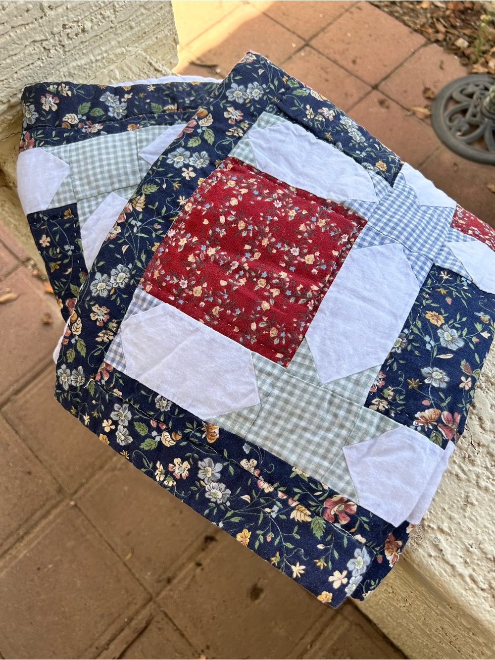 Handmade Floral Patchwork Quilt Shan’s – Navy, Red & White